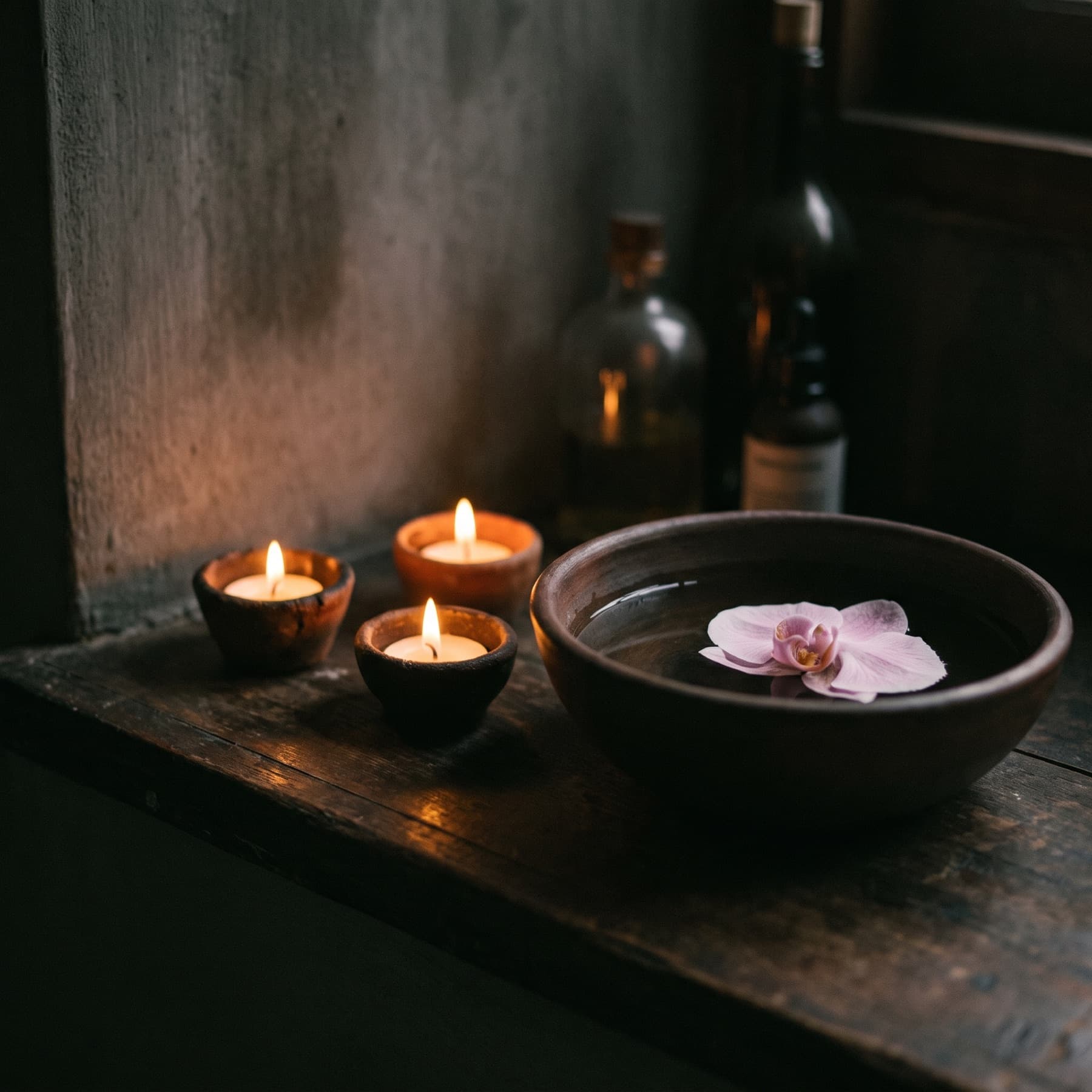 Candles and a petal bowl in a treatment room at D-Urban Lounge