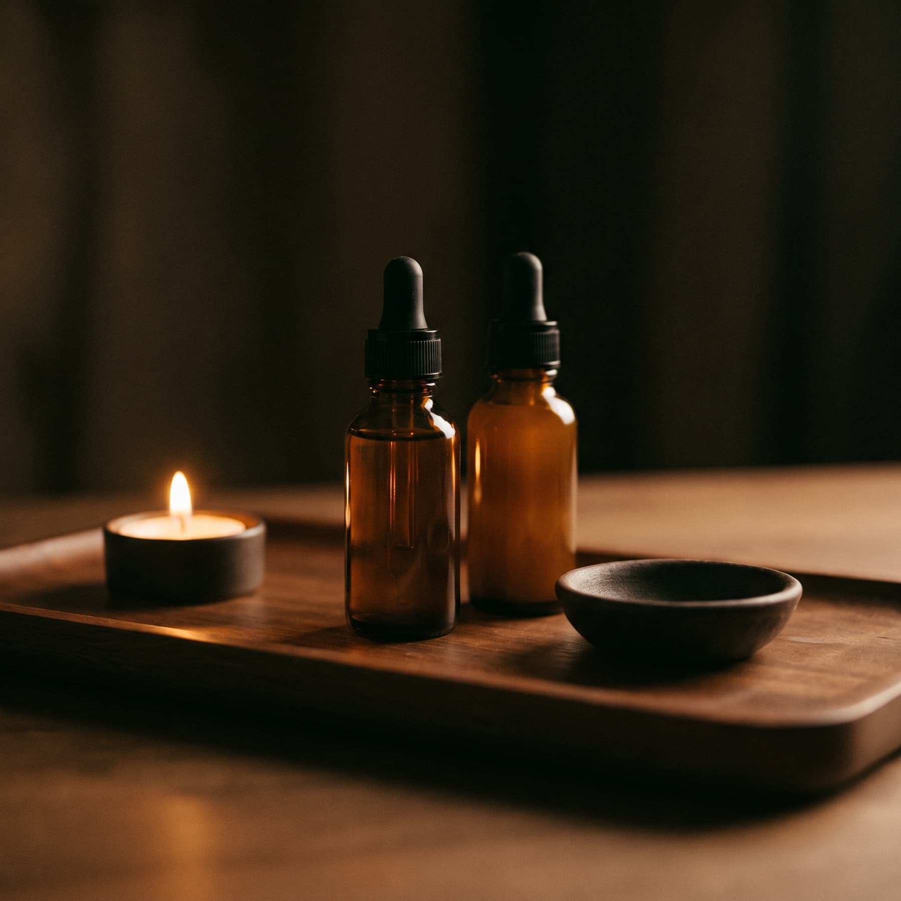 Massage oils on a wooden tray at D-Urban Lounge, Bahria Town
