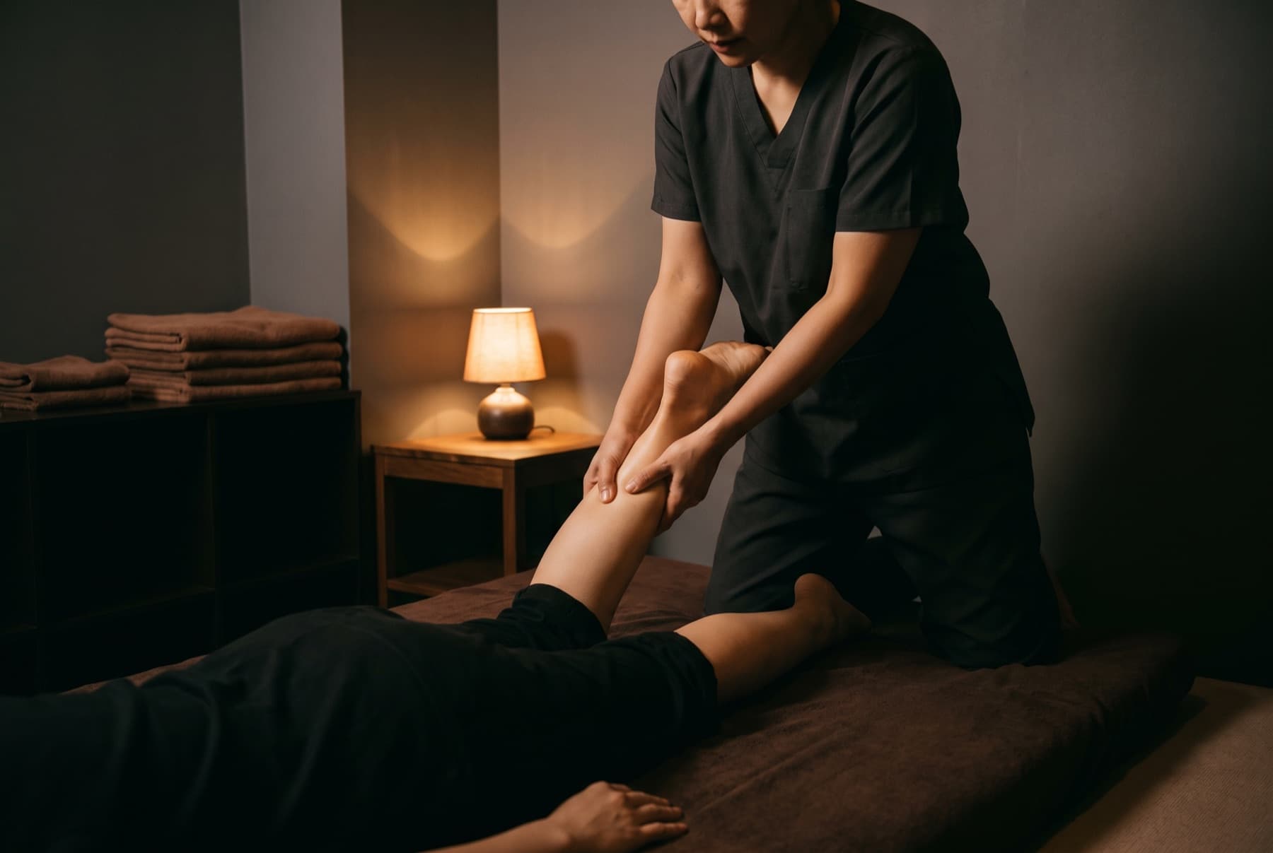 Therapist stretching a client's leg during a Thai massage in Bahria Town